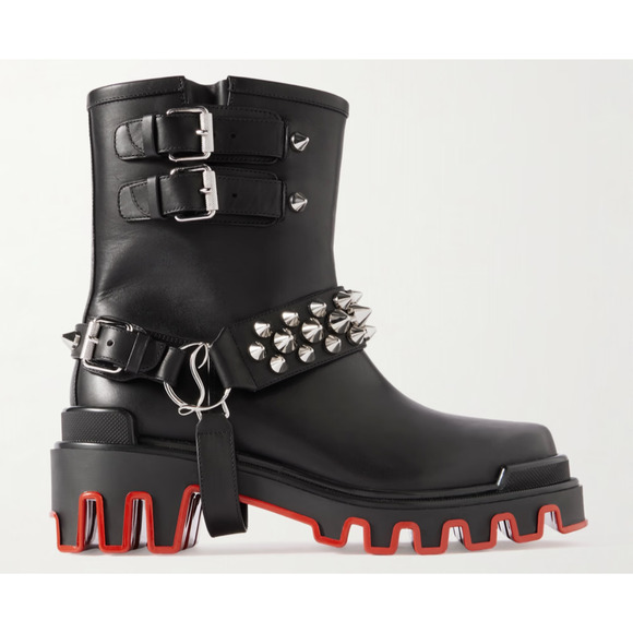Christian Louboutin Dune Bike Flat Spike Black Leather Platform Ankle Boots 38 - Picture 3 of 16